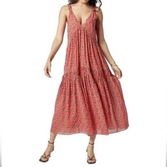 Joie Dresses & Skirts - Joie V-Neck Tiered Maxi Dress Sleeveless Tea Rose Red Floral Lined 100% Cotton S